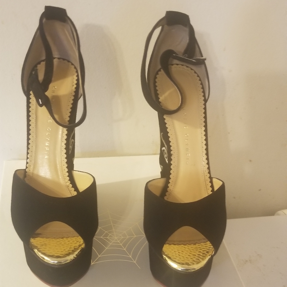 Charlotte Olympia Black and Gold Peep Toe Heels